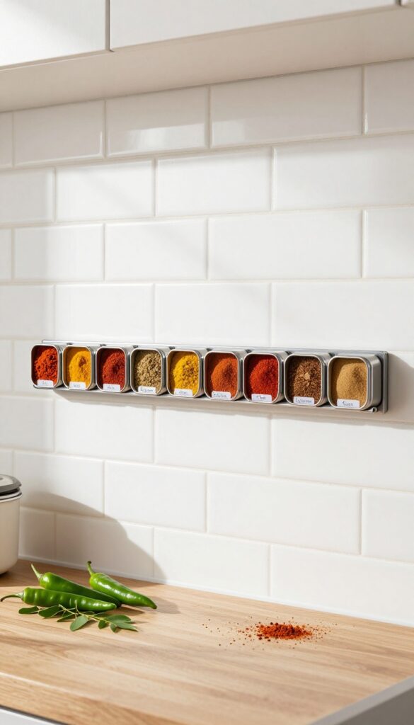Magnetic spice rack on kitchen backsplash with metal tins in warm colors, clean and organized.