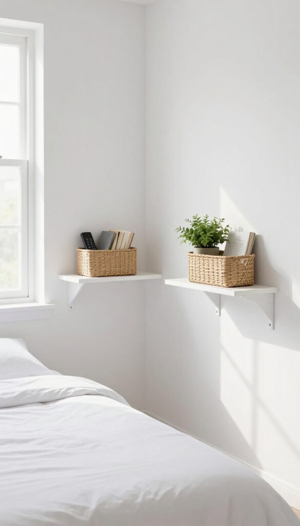 Floating nightstands with woven baskets in a bright white bedroom