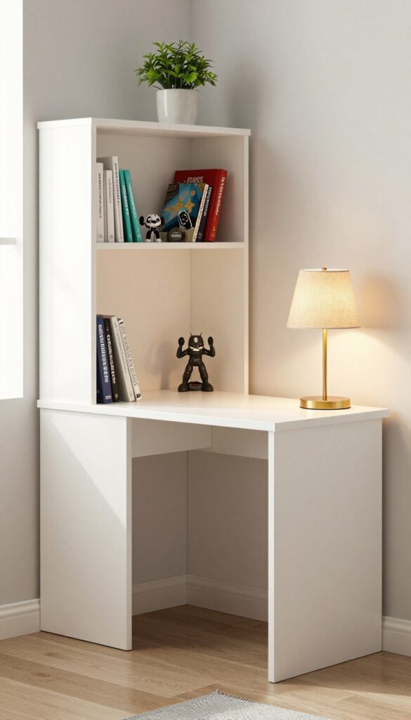 Built-in desk nook with navy walls, white desk, open shelves with books and collectibles, and a warm task lamp.
