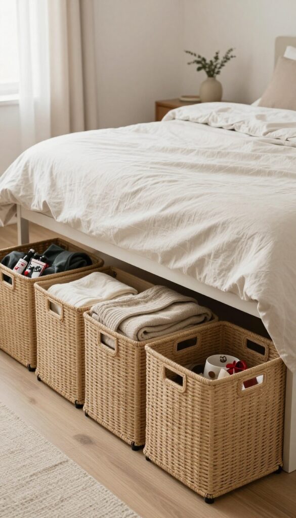 King-size bed in small bedroom with under-bed rolling storage bins for seasonal items, bright natural light, clean composition.