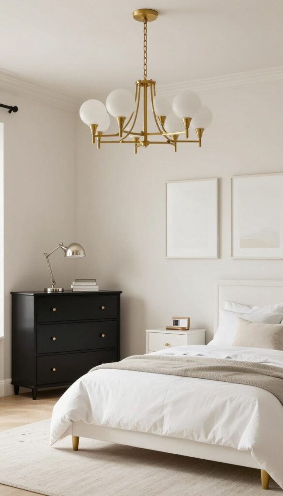 Luxury kids bedroom with mixed metal accents including brass, chrome, and matte black in a neutral palette