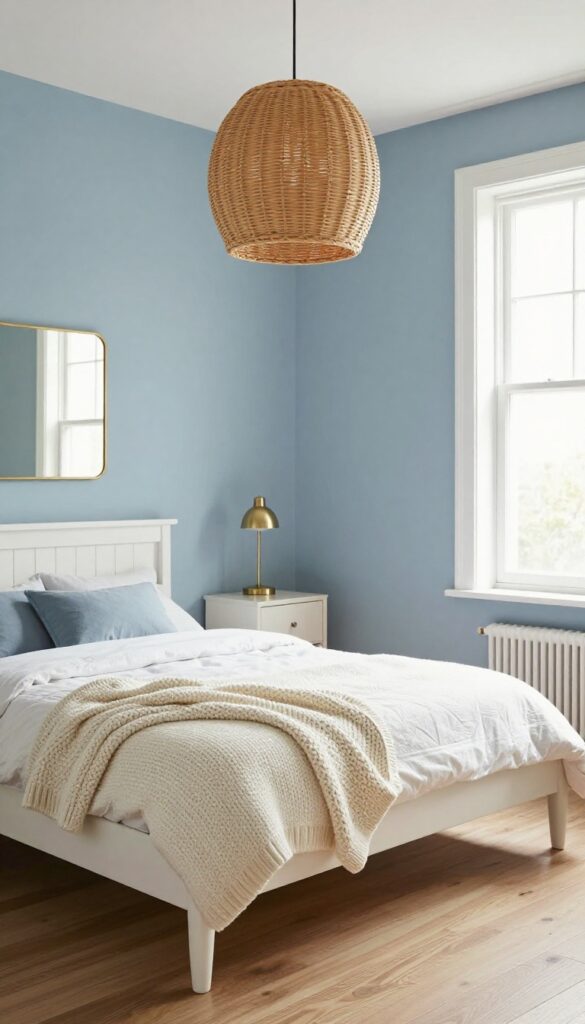 Boy's bedroom with slate blue walls, warm wood tones, white trim, chunky knit throw, rattan pendant light, and brass accents.