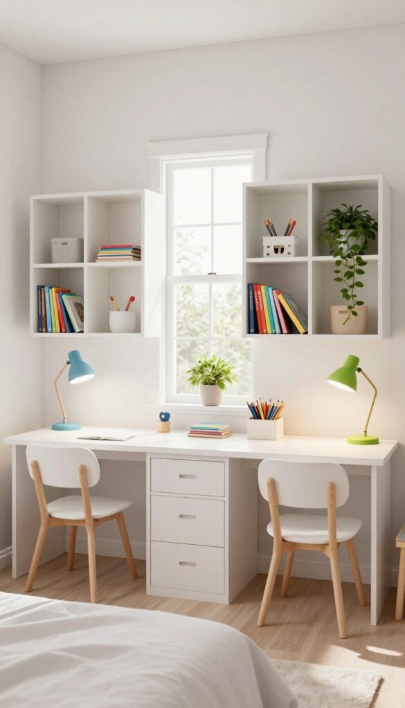 Shared desk with low bookshelf room divider in kids' bedroom, two study zones with colored lamps