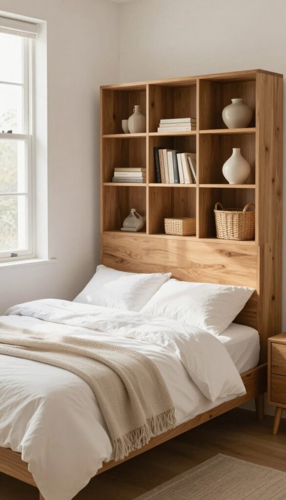 Bedroom with a wooden headboard featuring hidden compartments, built-in shelves, and cubbies for storage, styled with books and a ceramic vase.