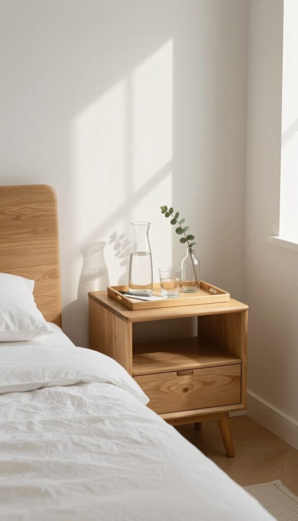 Guest bedroom nightstand with a tray holding a water carafe, glass, notepad, and pen, plus a eucalyptus sprig in a vase.