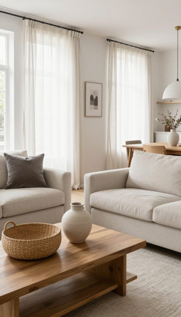 Light and airy living and dining room with layered textures including linen curtains, wool rug, velvet cushions, and ceramic vase.