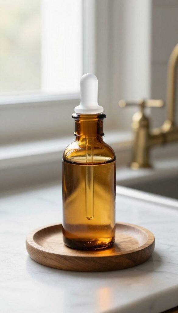 Amber glass apothecary bottle with glass dropper on wooden tray by kitchen sink