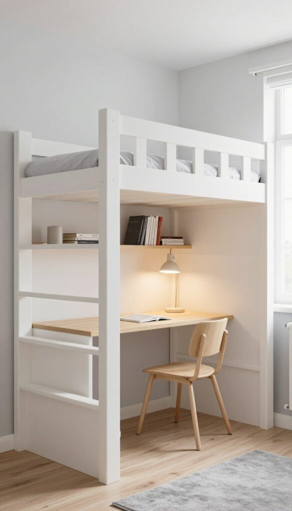 Loft bed with study nook below in a modern boys bedroom