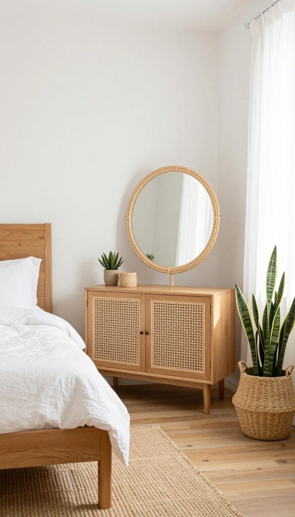 Cozy guest bedroom with natural textures like wood headboard, rattan mirror, and woven baskets.