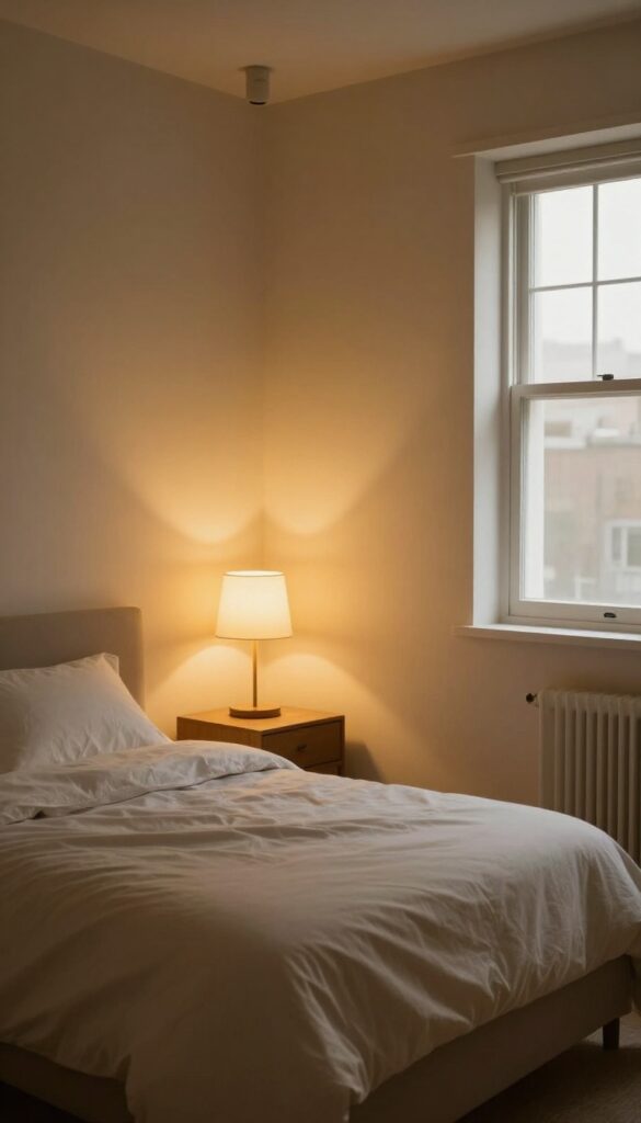 Cozy small bedroom with dimmer switch creating warm, soft lighting