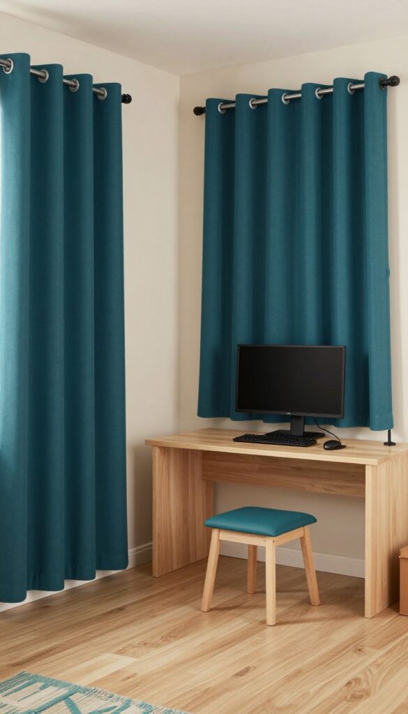 Kids gaming bedroom with deep teal blackout curtains, gaming desk, and neutral decor.