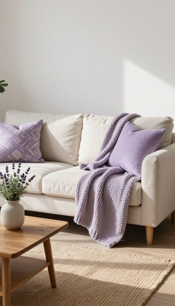 Boho living room with lavender accents on a warm white sofa, jute rug, and wooden coffee table in natural light.