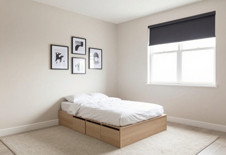 Bright and organized boys bedroom with platform bed, gallery wall, and rug