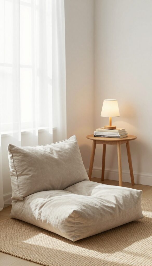 Cozy reading nook with floor cushion, side table, lamp, and books in a bright bedroom corner