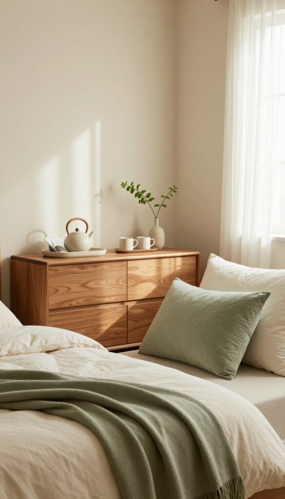 A cozy guest bedroom with a coffee station on a dresser, featuring a ceramic tray with a kettle and mugs, a small vase, warm wood tones, and soft natural light.
