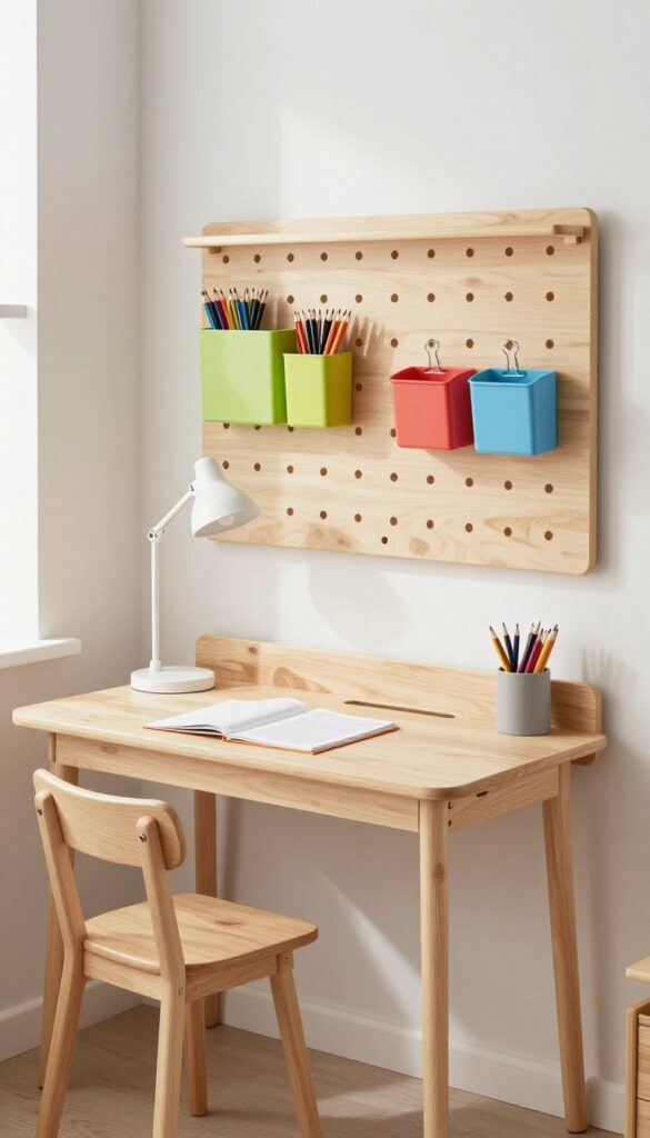 Wall-mounted desk in a boy's bedroom with pegboard and stool
