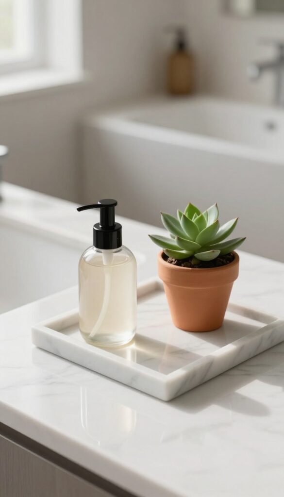 Marble tray with soap dispenser, succulent, and lotion on bathroom counter