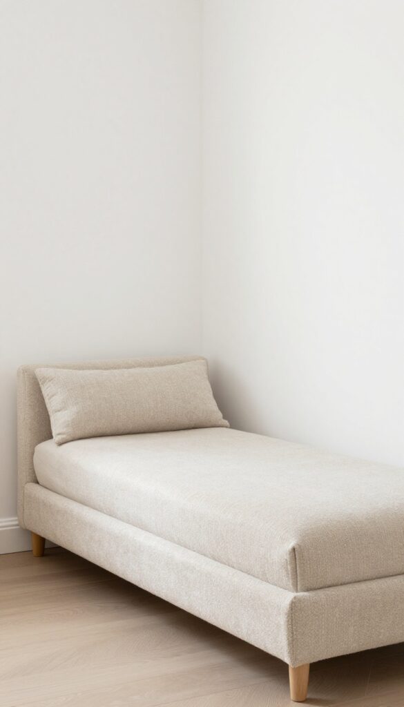 Cozy neutral girls bedroom with a textured bouclé bench at the foot of the bed, layered with a lumbar pillow and throw, bathed in natural light.