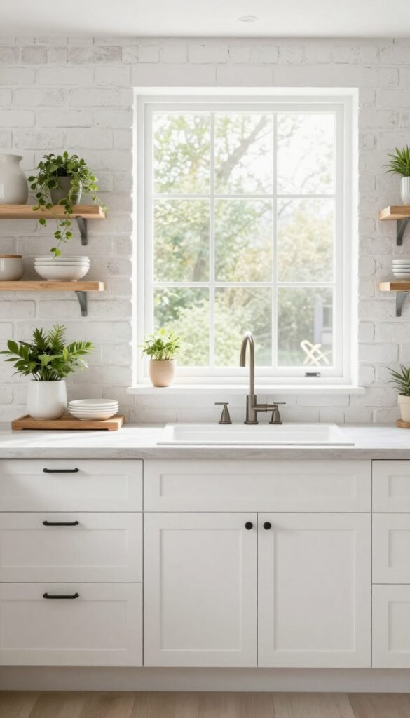 Whitewashed brick backsplash in a bright modern farmhouse kitchen with white cabinets and open shelving