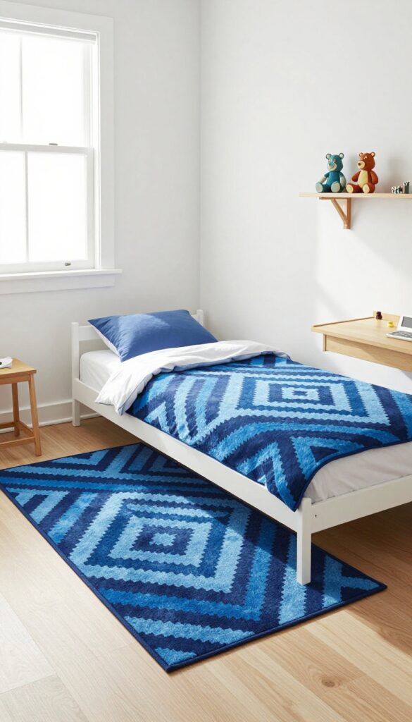 Small boy's bedroom with blue geometric rug under bed defining sleeping area, bright natural light
