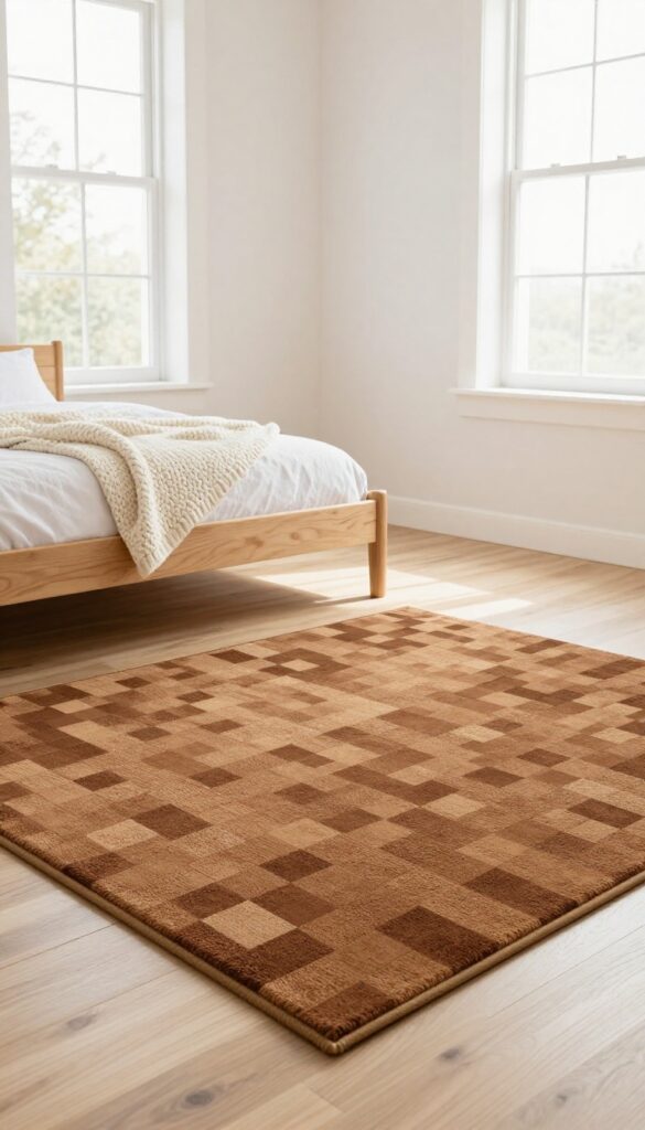 Boy's bedroom with light wood flooring and a warm brown textured rug resembling Minecraft dirt, bright natural light, cozy and stylish.