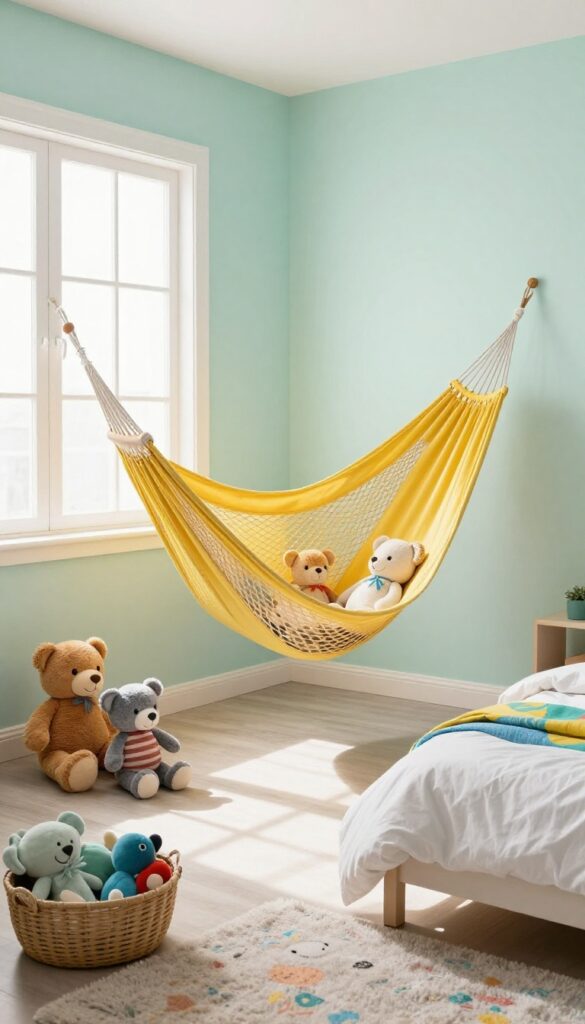 A colorful mesh hammock filled with stuffed animals in a bright kids' bedroom corner, with natural light and a clean, cheerful composition.