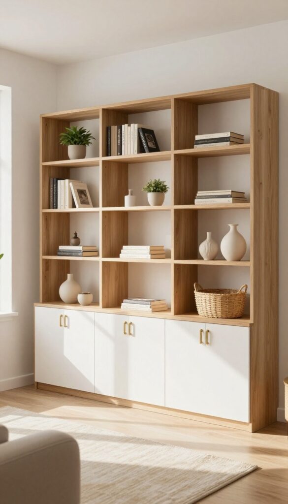 Modular wall unit with open shelves and closed cabinets in a bright living room