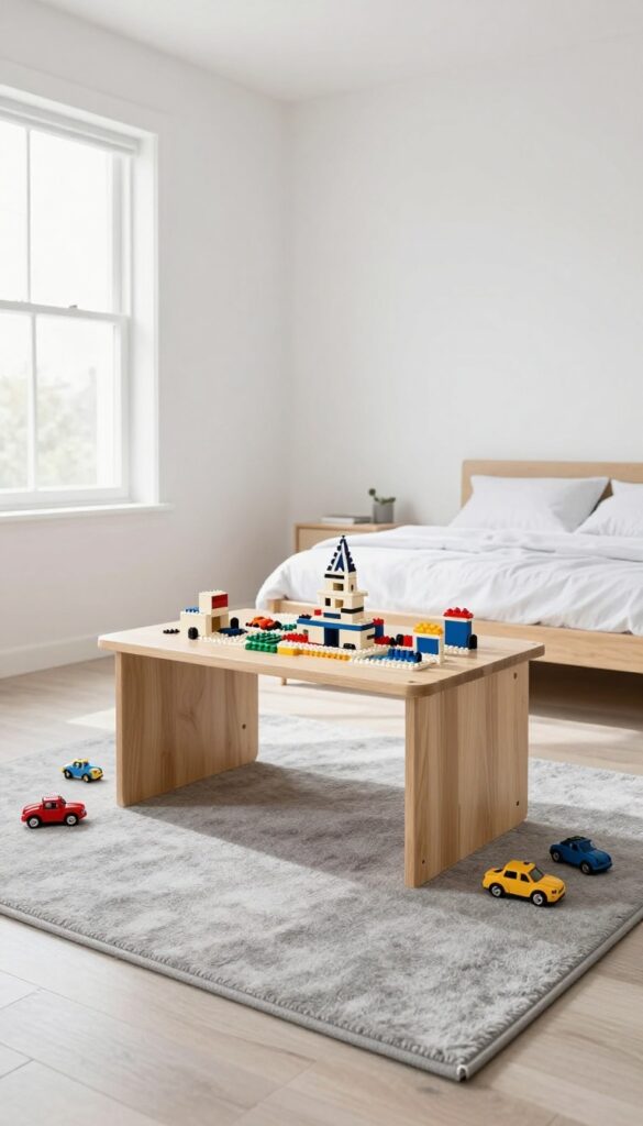 Modern boy's bedroom with a gray rug defining a play zone, featuring a small table with Lego and toy cars, bright natural light, clean and organized.