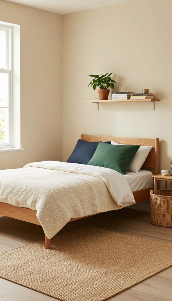 Cozy boys' bedroom with warm beige walls, navy and green bedding, wooden accents, and natural textures.