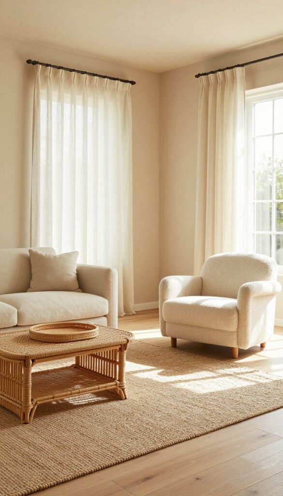 Warm sand and cream boho living room with natural textures and soft lighting