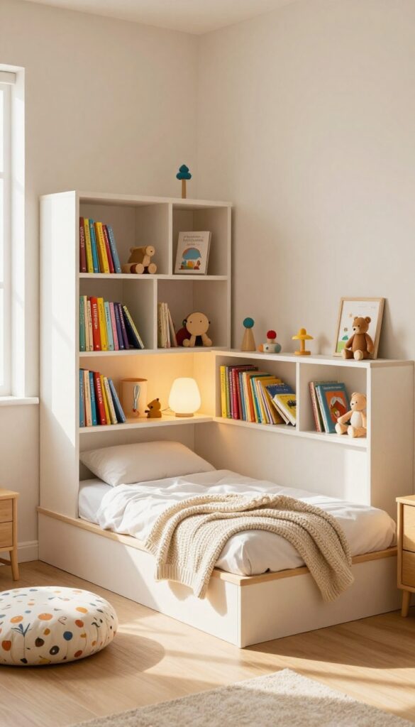 Small kid's bedroom with low platform bed and built-in bookcase headboard, cozy floor cushion, natural light, warm wood tones.