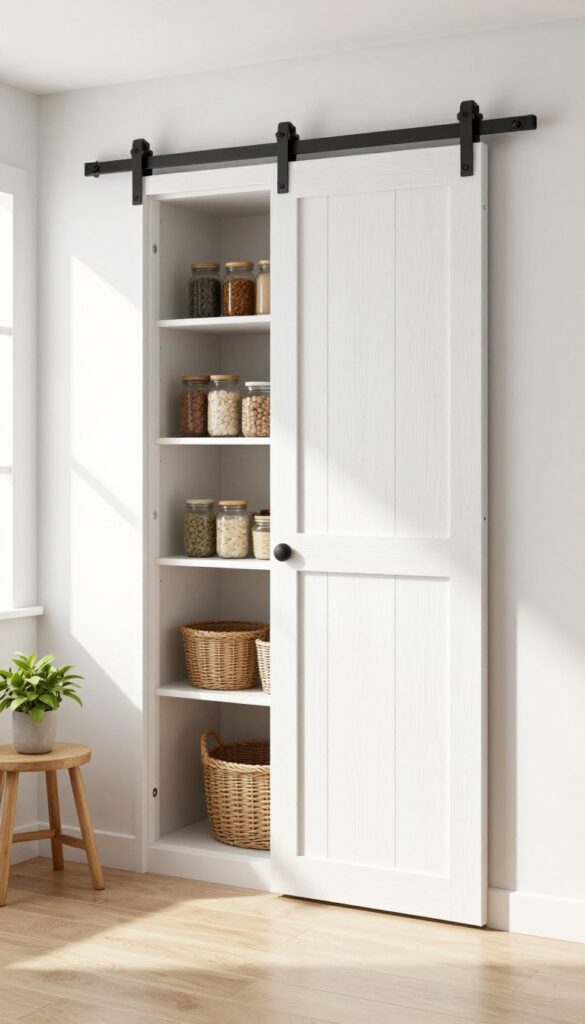 Bright farmhouse kitchen with sliding barn door pantry, light wood, black hardware, organized interior, natural light