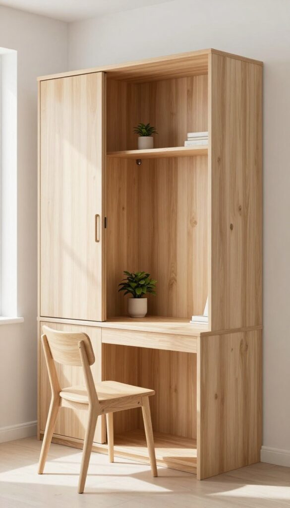 Warm wood paneling behind a Murphy bed in a home office with a desk and plant.