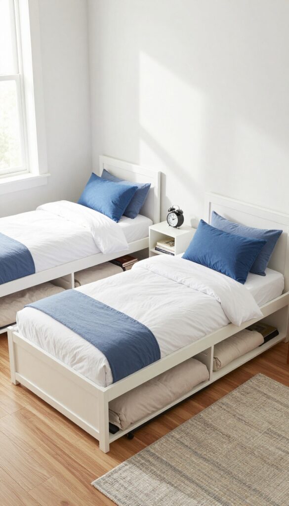 Two twin trundle beds with storage headboards in a bright shared boys' bedroom