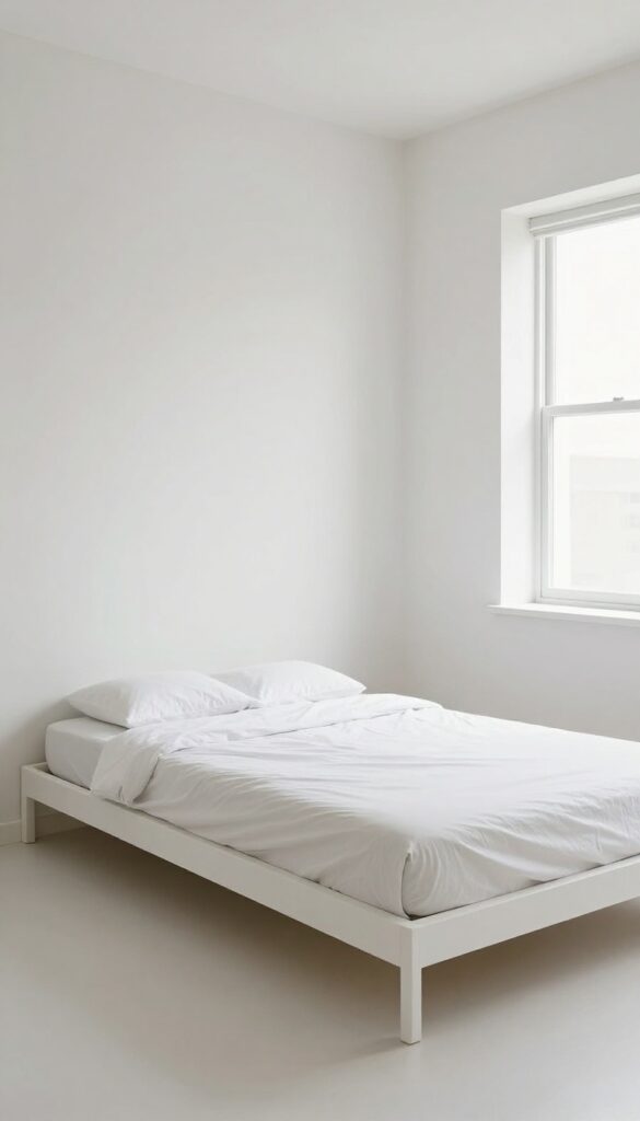 Low-profile bed frame in a small apartment bedroom with minimal bedding and natural light