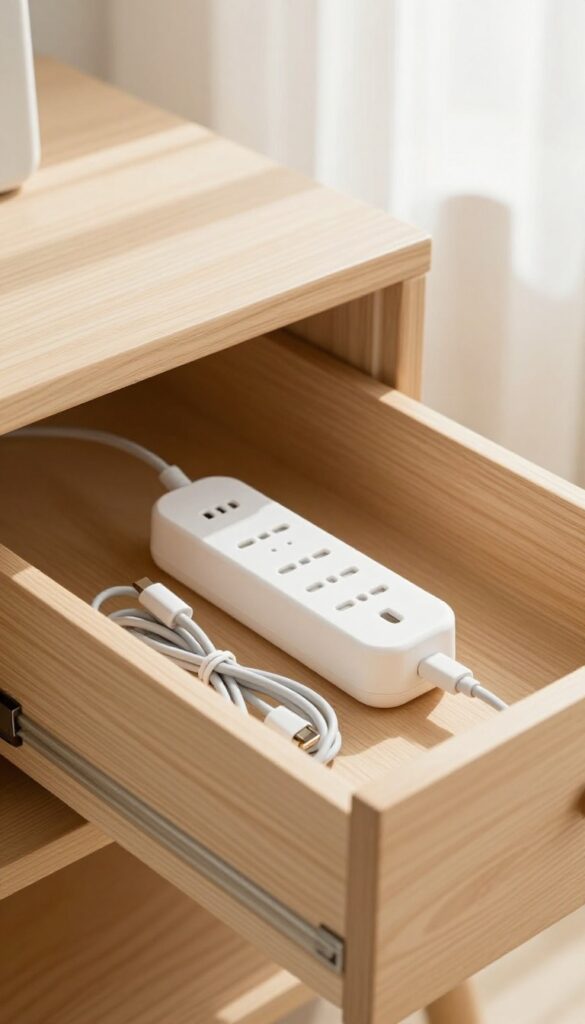 Open nightstand drawer with hidden charging station, power strip and cables organized inside, bright natural light, serene guest room.
