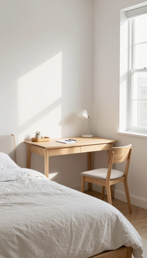 A Murphy bed folded up revealing a slim desk underneath in a bright guest bedroom with light wood finishes and linen coverlet.
