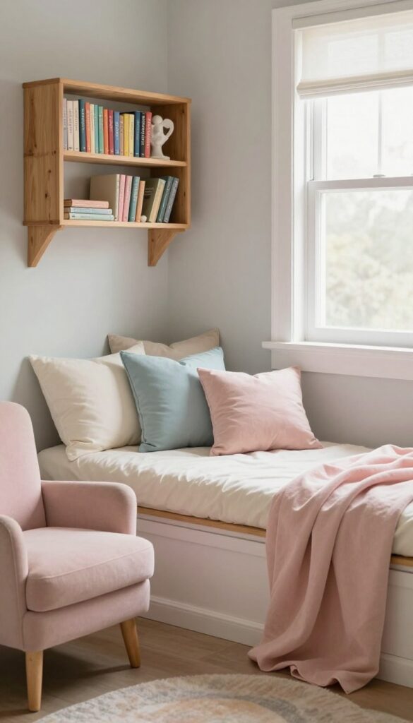Cozy vintage reading nook for kids with window seat, books, and pastel decor