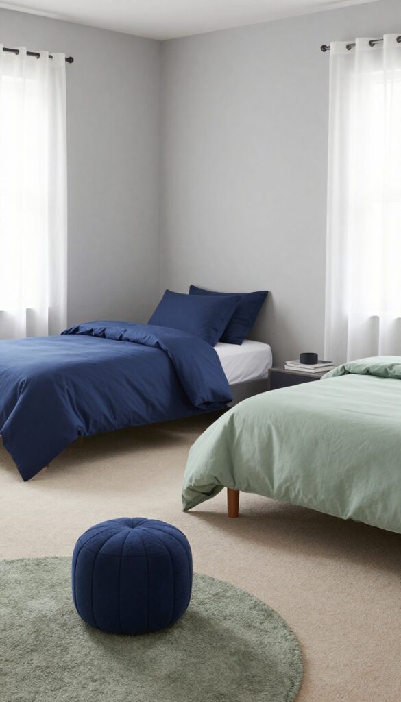 Twin boys' bedroom with two-tone color scheme, navy and sage green accents on neutral gray walls.