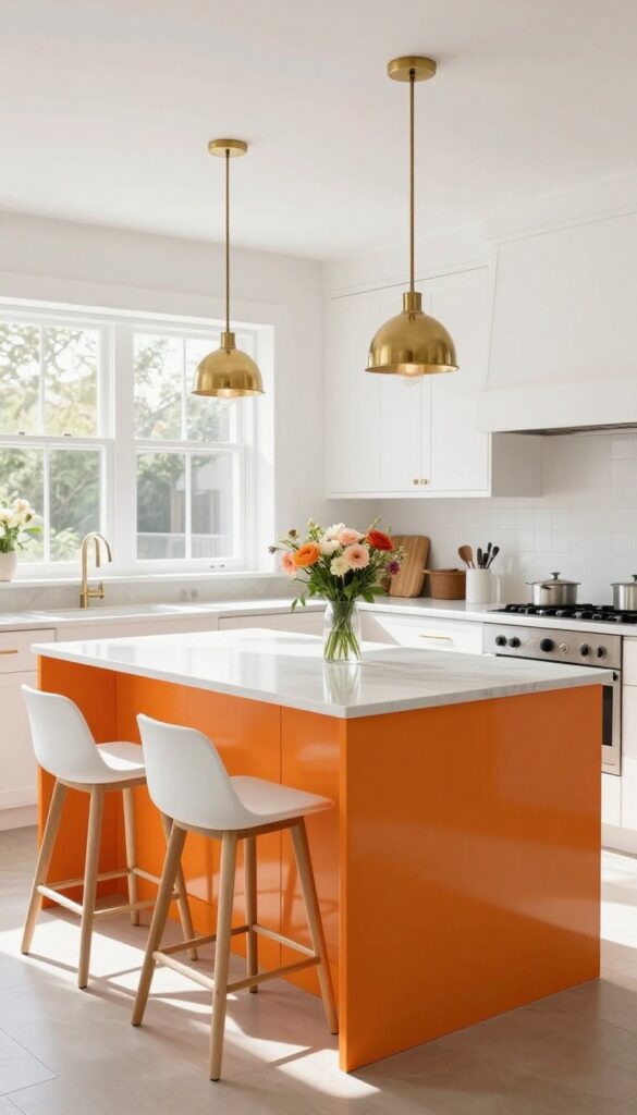 White kitchen with glossy orange island, marble countertop, brass pendant lights, and bar stools.