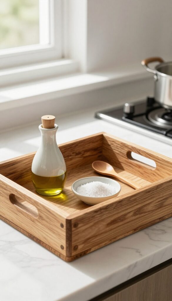 Rustic wooden crate tray on kitchen counter with ceramic cruet and salt dish, warm natural light, farmhouse style