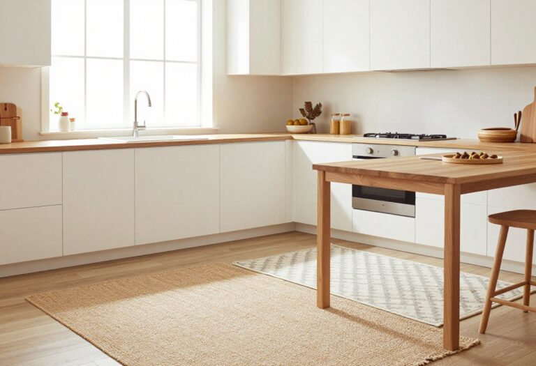 Cozy kitchen with layered jute and cotton mats near sink, white cabinets, and natural light