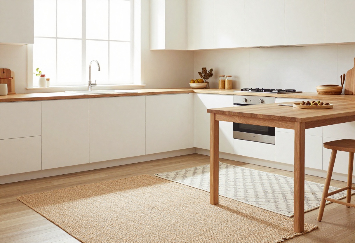 Cozy kitchen with layered jute and cotton mats near sink, white cabinets, and natural light