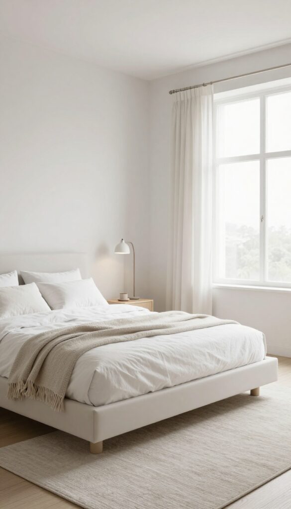 Small bedroom with low platform bed, white bedding, and soft neutral decor in natural light.