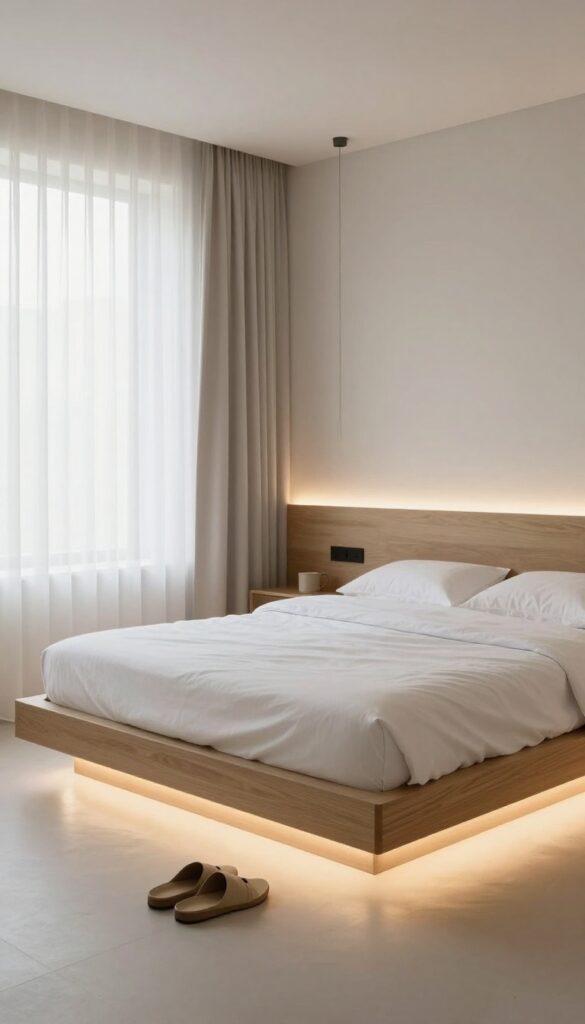 Under-bed LED strips with motion sensors illuminate storage bins and create a floating glow in a modern bedroom.