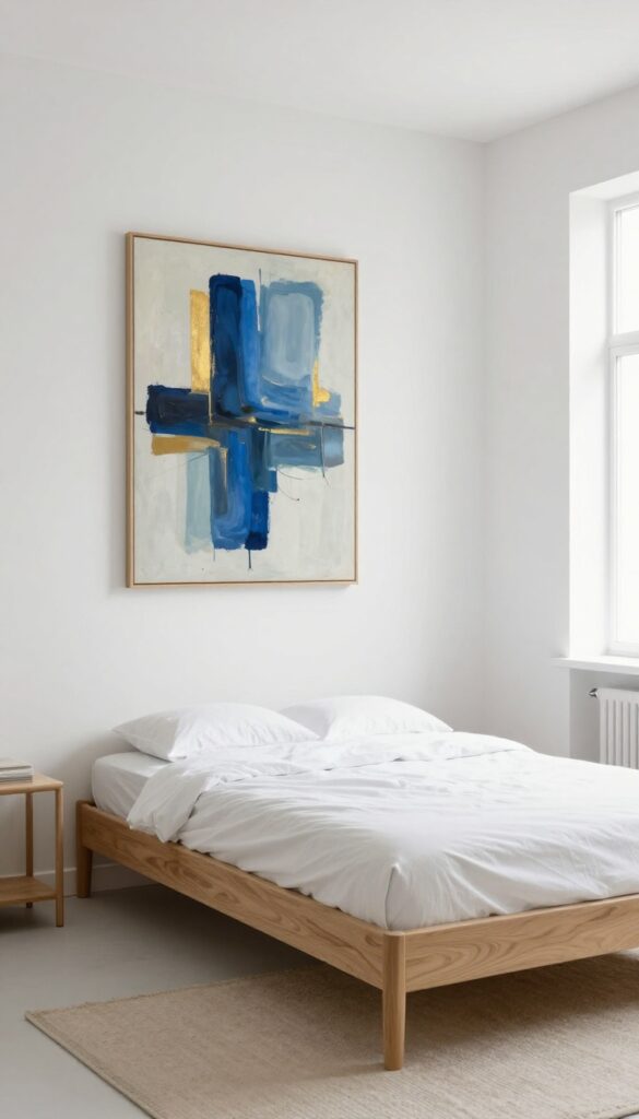 Small bedroom with a single large abstract art piece as an accent wall, minimal decor, natural light.