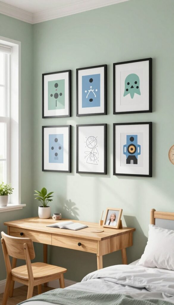 A gallery wall of game-inspired art in a kids' bedroom, with framed prints and photos arranged neatly above a desk, bathed in natural light.