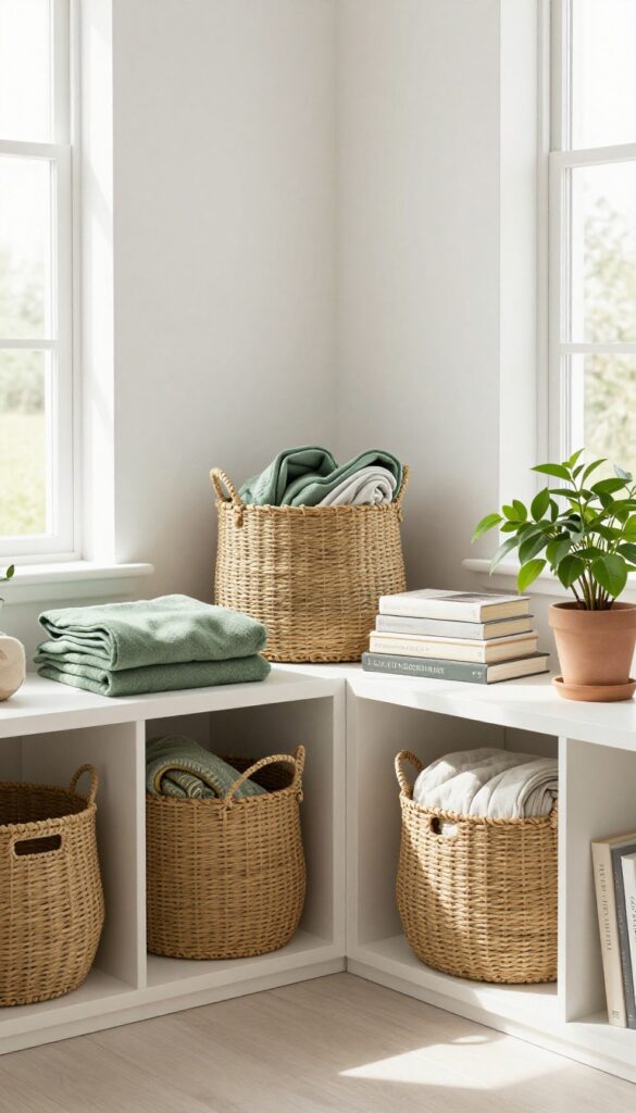 Green woven storage baskets on open shelves in a bright bedroom, filled with blankets and books, with a plant nearby.
