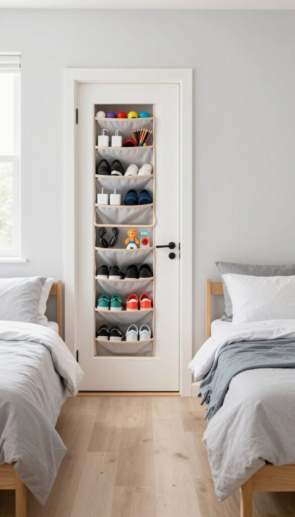 Over-the-door shoe organizer in a boys' bedroom holding small items like chargers and toys