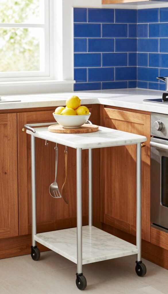 Slim rolling trolley with marble top in a small Indian kitchen, providing extra prep space and elegant contrast against warm wood and blue tiles.